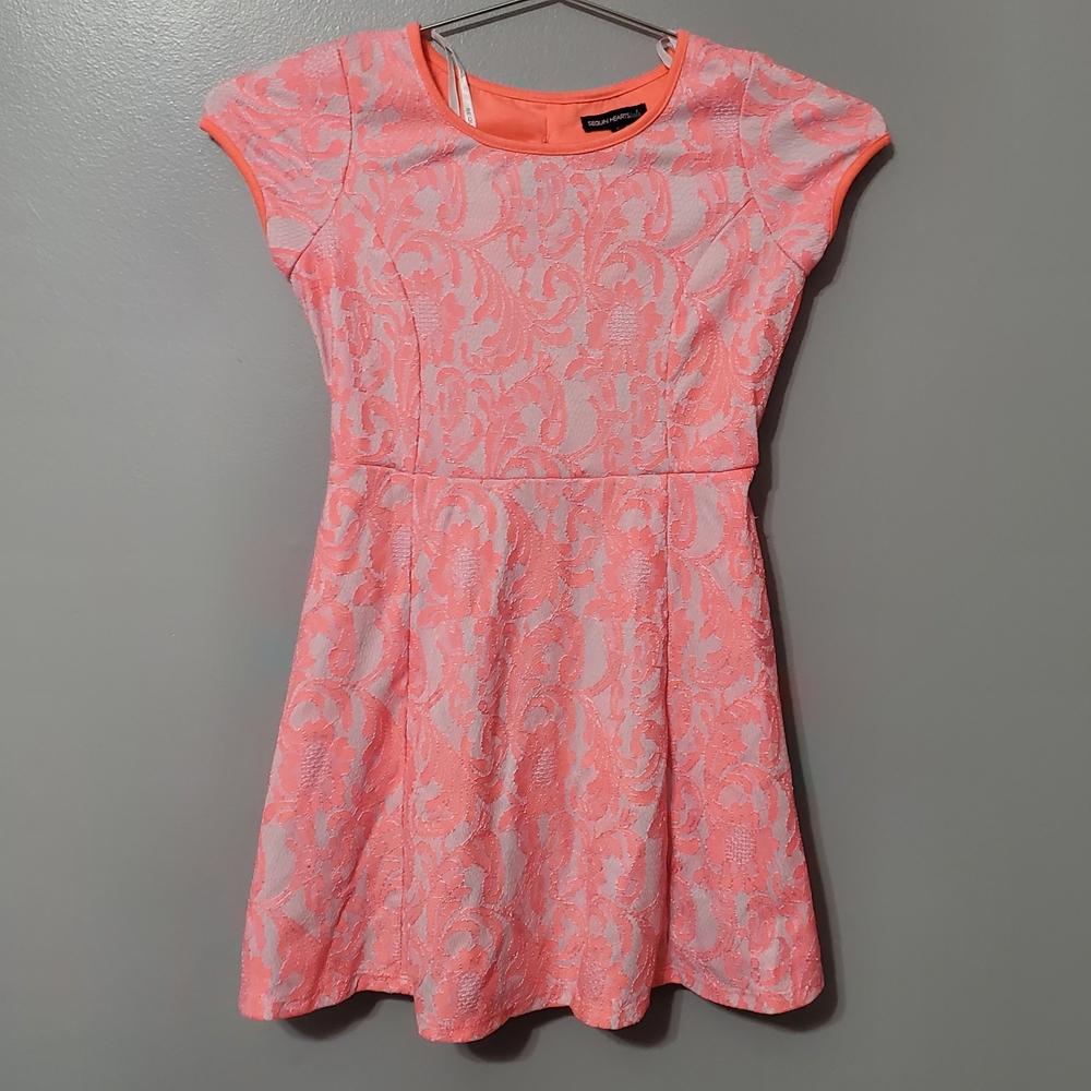 Sequin Hearts Coral Lace Pink Girls' Skater Dress Size 8
